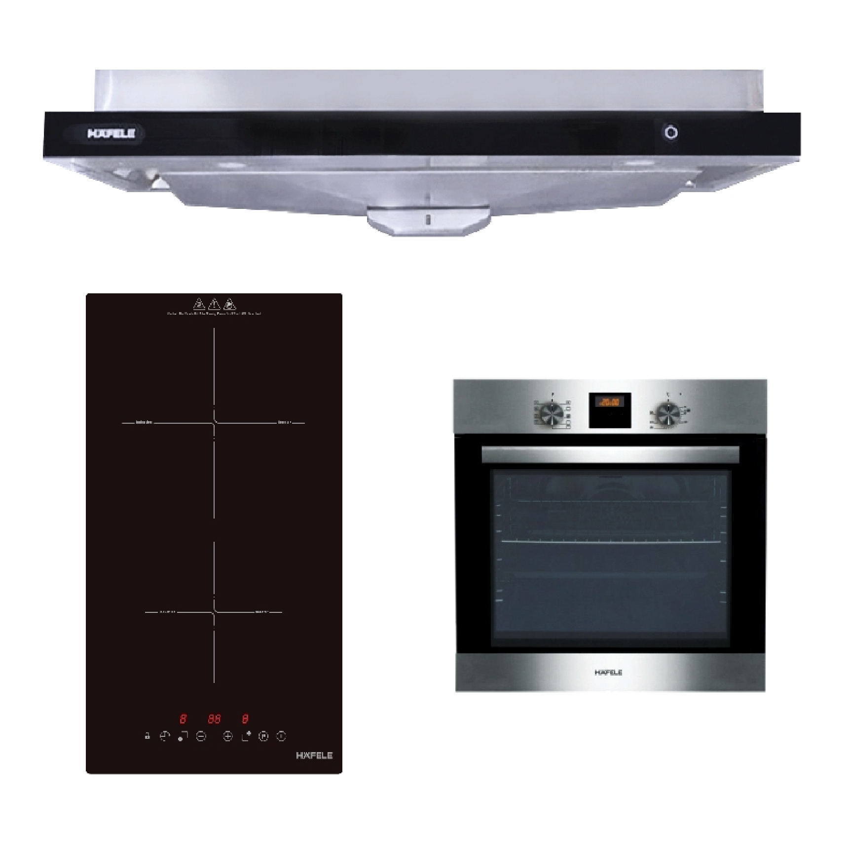 Hafele 90CM Semi Integrated Hood 536.88.133 + DOUBLE ZONE BUILT-IN Induction & Hybrid Hob 536.66.840 + MULTIFUNCTIONAL OVEN 536.07.490